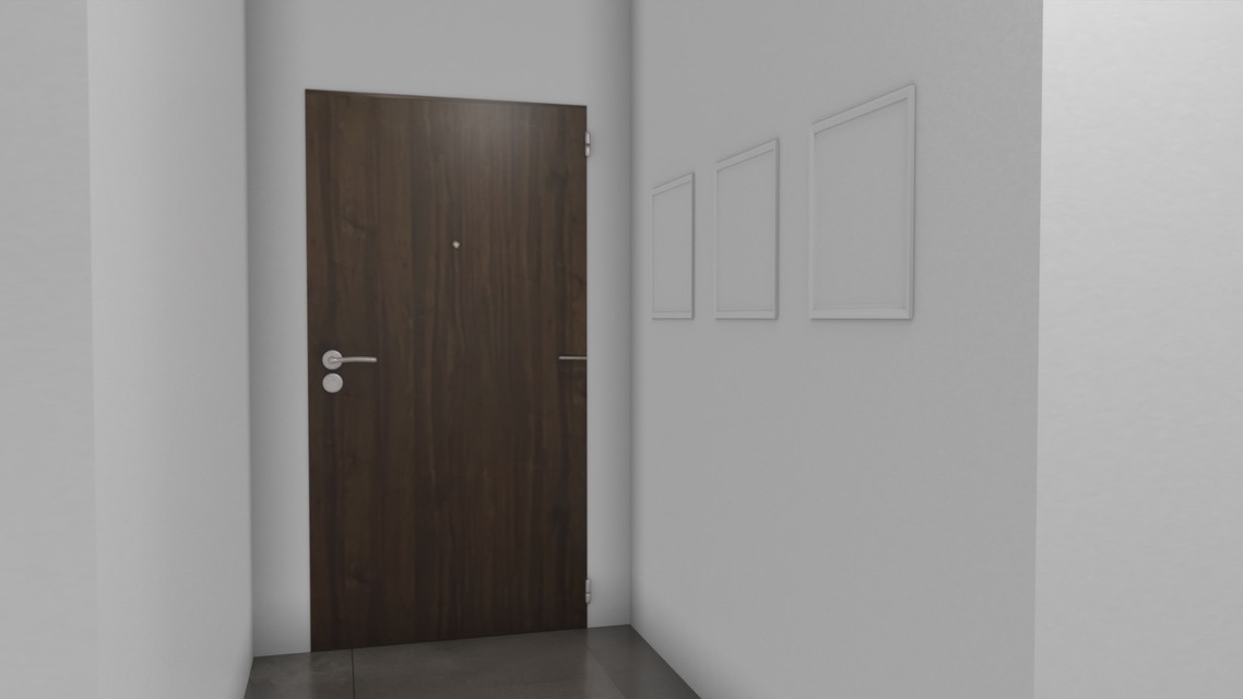 Ciemne, drewniane drzwi wejściowe z srebrną klamką i wizjerem, na białej ścianie trzy puste, białe ramki na zdjęcia w minimalistycznym wnętrzu.