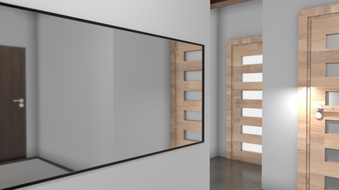 Minimalistyczne wnętrze z lustrem w czarnej ramie, odbijającym drzwi. W tle widoczne dwie drewniane drzwi z przeszkleniami, oświetlone z boku.