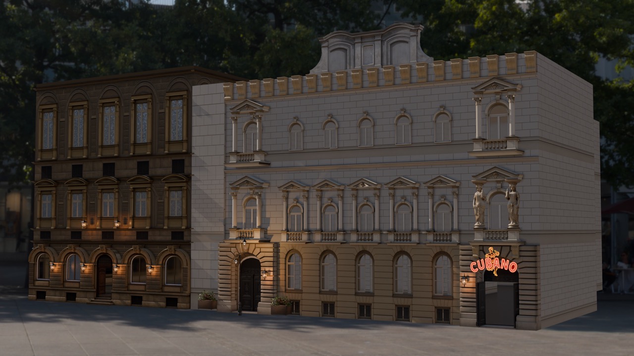 Wizualizacja 3D fasady budynku w stylu klasycystycznym z elementami dekoracyjnymi, oświetleniem i szyldem 'Cubano', na tle zieleni miejskiej.