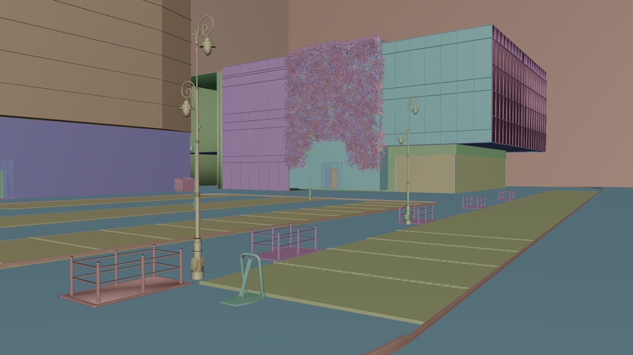 Nietypowa, geometryczna wizualizacja 3D przestrzeni miejskiej z budynkami o uproszczonej formie, latarniami i elementami zieleni w pastelowych, blokowych kolorach.