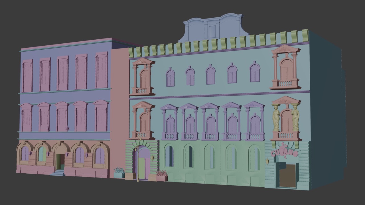 Model 3D kamienicy w pastelowych kolorach z balkonami, kolumnami i rzeźbami, ukazany z perspektywy żabiej. Widoczne detale architektoniczne i zróżnicowana kolorystyka poszczególnych segmentów.