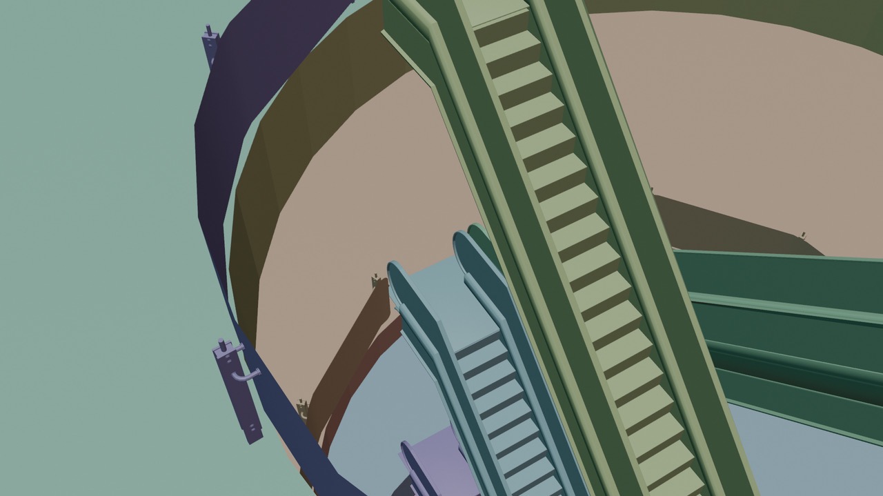 Abstrakcyjna wizualizacja 3D z geometrycznymi schodami i elementami architektonicznymi w pastelowych odcieniach, ukazana z nietypowej perspektywy.