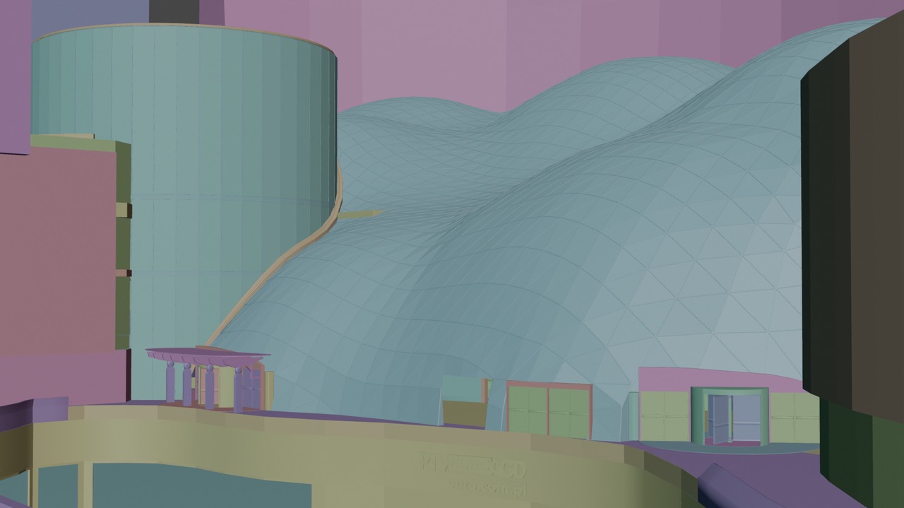 Wizualizacja 3D budynku z charakterystycznym falistym dachem i cylindryczną wieżą, utrzymana w pastelowej kolorystyce z widoczną siatką modelu.