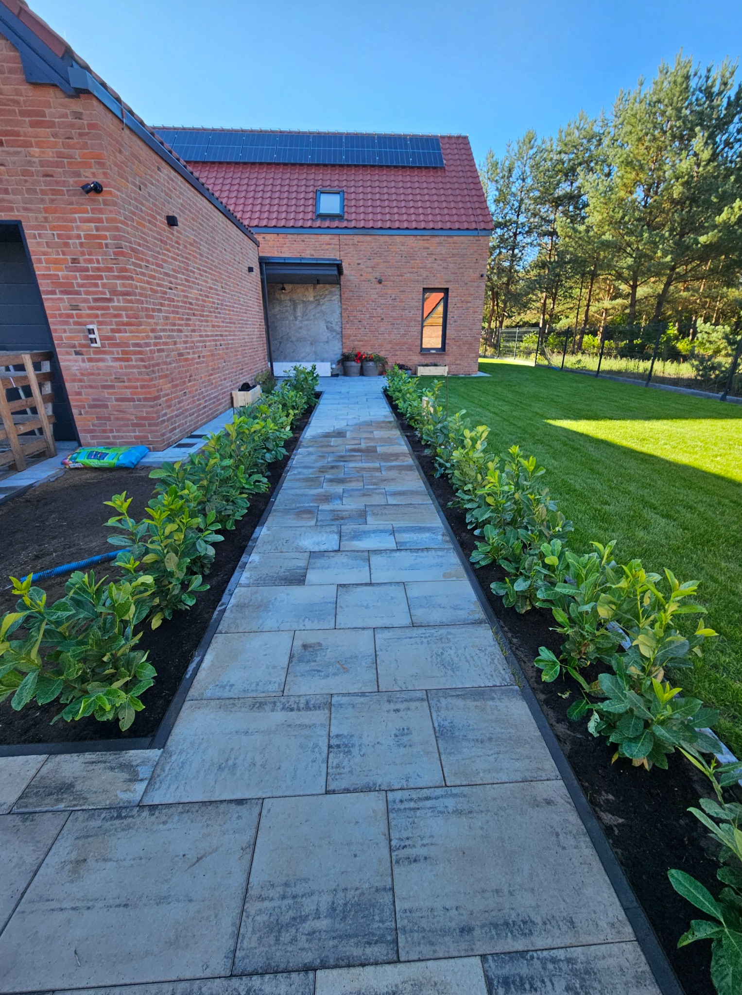 Ścieżka z kostki brukowej prowadząca do domu, obsadzona niskimi krzewami. Widoczny trawnik i budynek z czerwonej cegły z panelami słonecznymi na dachu.