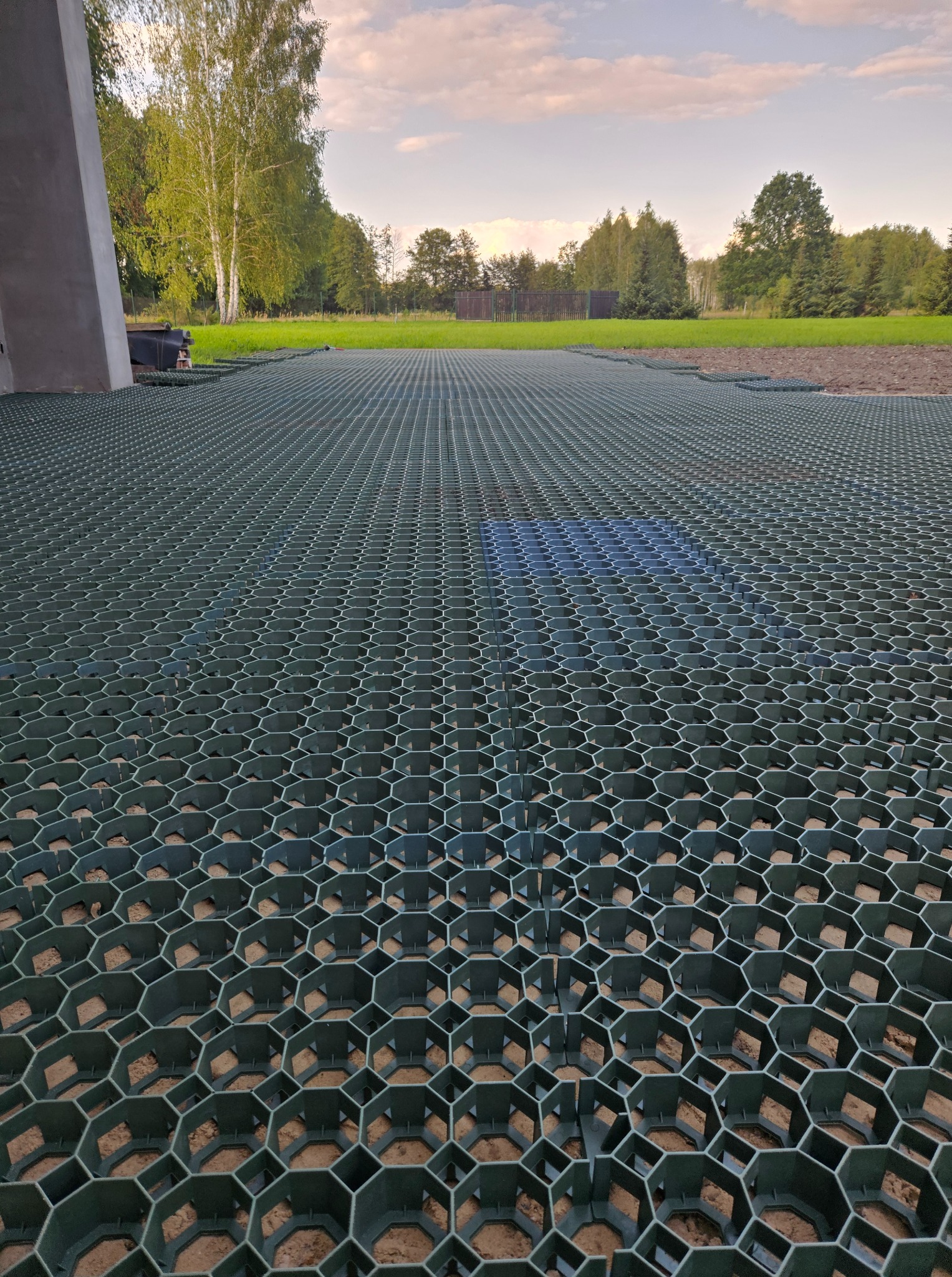 Zielona, plastikowa siatka o strukturze plastra miodu rozłożona na ziemi, prawdopodobnie jako podkład pod trawnik. W tle drzewa i fragment budynku.