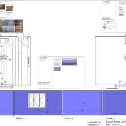 Seweryn Wiatr - Koncepcja aranżacji sypialni: rzut ścian z wymiarami, wizualizacje podłogi, ścian i sufitu. Projekt wnętrza z lutego 2024, skala 1:50/1:40.