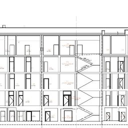 Seweryn Wiatr - Przekrój pionowy budynku wielokondygnacyjnego z zaznaczonymi pomieszczeniami, schodami i oknami. Schemat architektoniczny z wymiarami i oznaczeniami. Inwentaryzacja budynku.