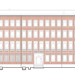 Seweryn Wiatr - Fasada budynku z cegły w stylu architektonicznym, widok z przodu. Rysunek techniczny z detalami okien i elewacji. Inwentaryzacja budynku.