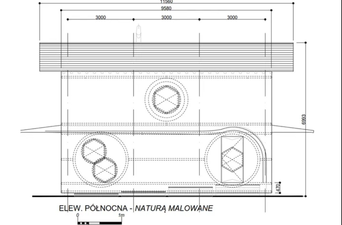 Rzut elewacji północnej budynku z wymiarami, z zaznaczonymi elementami okiennymi i dachu. Widoczny napis 'ELEW. PÓŁNOCNA - NATURĄ MALOWANE' i skala 1m.