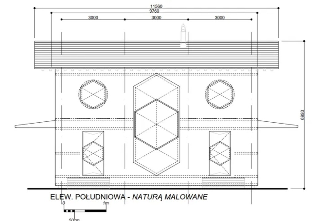 Rzut elewacji południowej budynku z zaznaczonymi wymiarami i elementami dekoracyjnymi w kształcie heksagonów. Widoczne okna i zadaszenie.