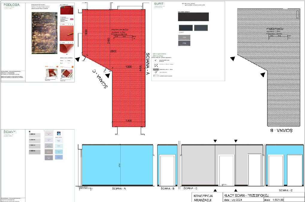 Projekt aranżacji wnętrza: rzut ścian przedpokoju z wymiarami, kolorystyką i materiałami wykończeniowymi. Koncepcja aranżacji z lipca 2024, skala 1:50/1:30.