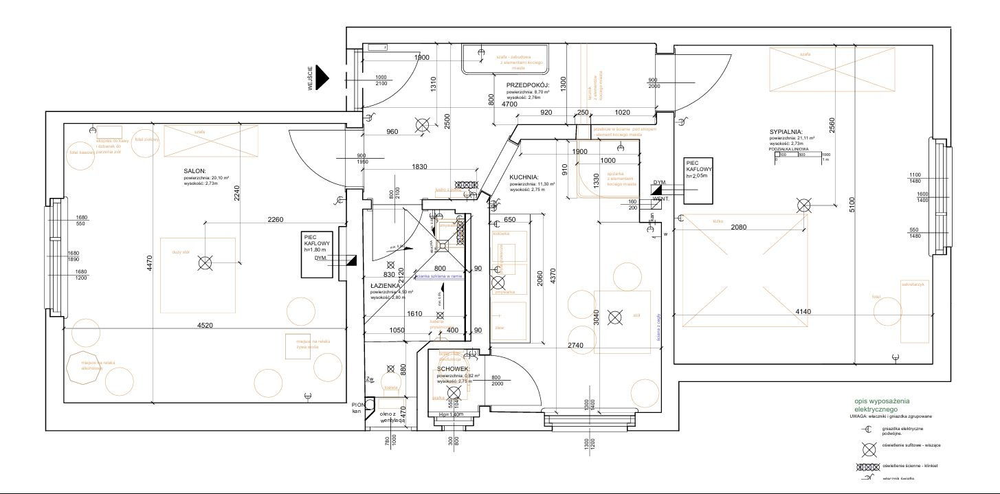 Szczegółowy plan architektoniczny mieszkania z wymiarami pomieszczeń, rozmieszczeniem mebli i instalacji, w neutralnej kolorystyce, prezentujący projekt wnętrza.