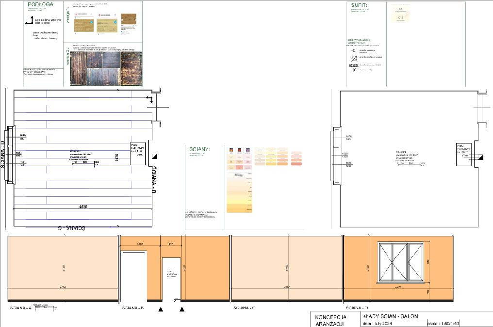 Plan aranżacji salonu z układem ścian, podłogi i sufitu, uwzględniający wymiary i materiały wykończeniowe. Koncepcja aranżacji wnętrz z datą.