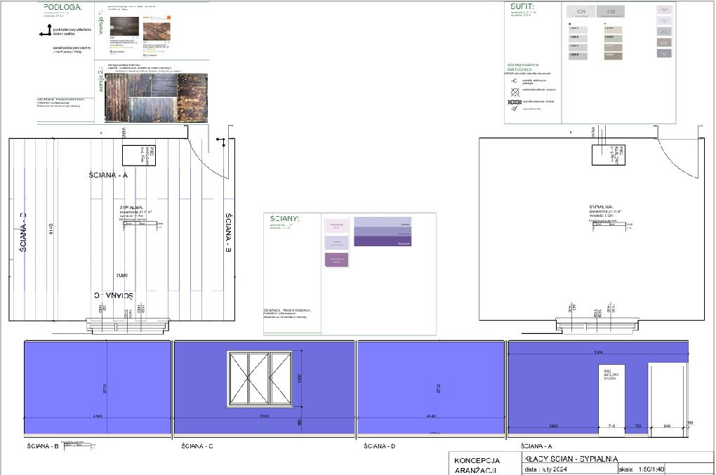 Koncepcja aranżacji sypialni: rzut ścian z wymiarami, wizualizacje podłogi, ścian i sufitu. Projekt wnętrza z lutego 2024, skala 1:50/1:40.