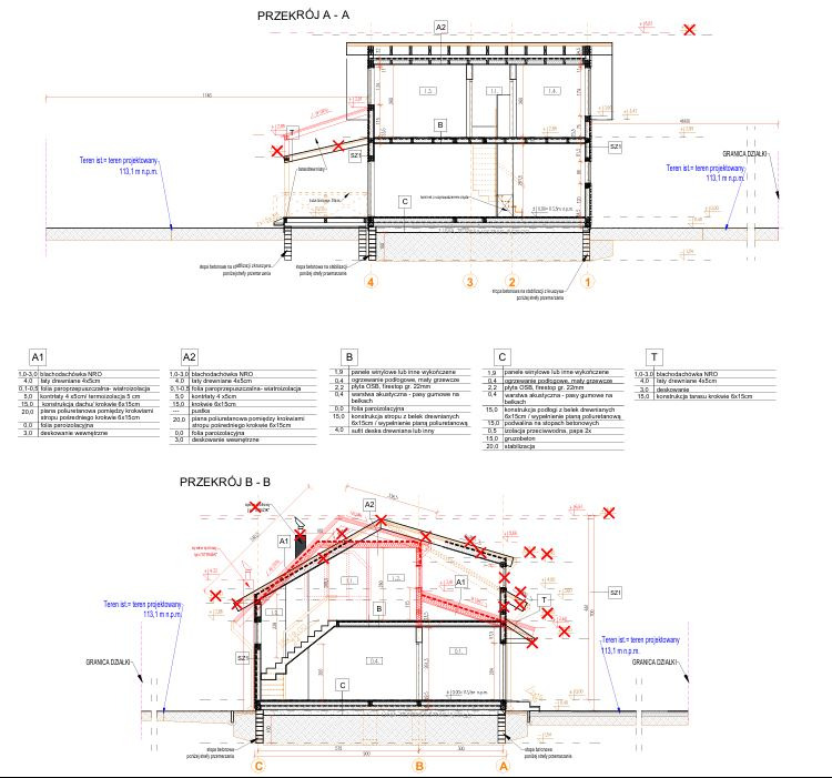 Przekrój architektoniczny budynku jednorodzinnego z zaznaczonymi elementami konstrukcyjnymi i instalacjami. Schemat techniczny z wymiarami i opisami materiałów budowlanych.