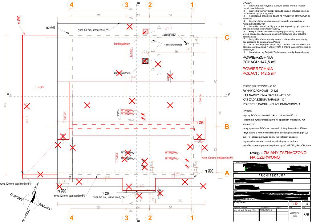 Projekt rzutu dachu budynku jednorodzinnego z wymiarami i oznaczeniami w Zabrzu. Widoczne rynny, kominy i wywiewki. Zmiany zaznaczono na czerwono.