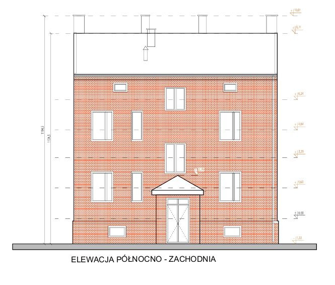 Rzut elewacji północno-zachodniej budynku z czerwonej cegły z zaznaczonymi wymiarami i wysokościami. Widoczne okna, drzwi wejściowe i dach z kominami.