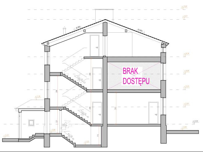 Przekrój budynku mieszkalnego z widocznymi schodami i oznaczeniem 'Brak Dostępu' na jednym z pięter. Rzut architektoniczny z wymiarami i poziomami. Inwentaryzacja.