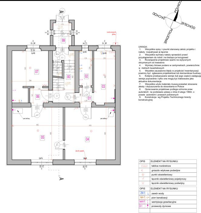 Rzut architektoniczny mieszkania z wymiarami, symbolami instalacji i opisami. Widoczne oznaczenia pomieszczeń, okien, drzwi i elementów wyposażenia. Inwentaryzacja.