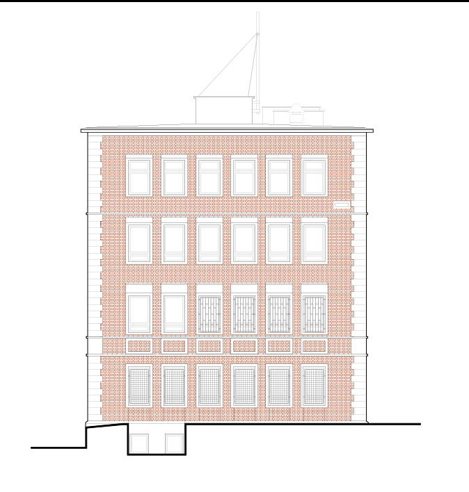 Fasada budynku mieszkalnego z cegły, rysunek techniczny elewacji z oknami, widok z przodu, białe tło, inwentaryzacja.