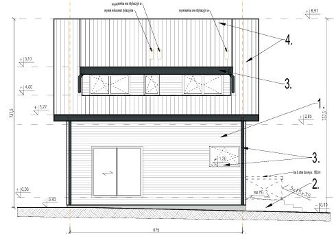 Schemat elewacji bocznej budynku z drewnianą okładziną, oznaczony numerami 1-4, z wymiarami i detalami konstrukcyjnymi, prezentujący projekt architektoniczny.