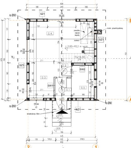 Rzut poziomy budynku z wymiarami, oznaczeniami pomieszczeń (D.1, D.2, D.3, D.4, D.5) i symbolami okien (SZ1) oraz drzwi (SW1, SW2).
