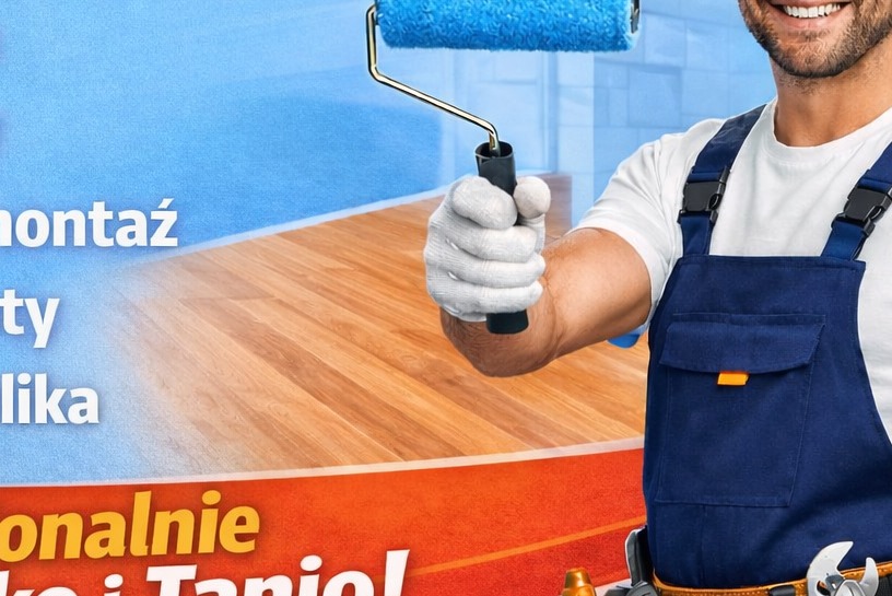 Malarz z wałkiem w rękawicy, w niebieskim kombinezonie, na tle pomalowanej ściany i drewnianej podłogi. Widoczny fragment reklamy z hasłem.