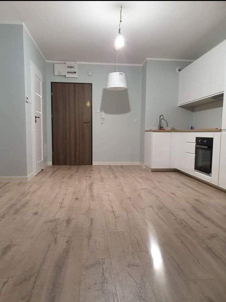 Jasne, odświeżone wnętrze po remoncie: panele podłogowe, biała zabudowa kuchenna, pomalowane ściany na szaro, minimalistyczna lampa. Widok na drzwi wejściowe.