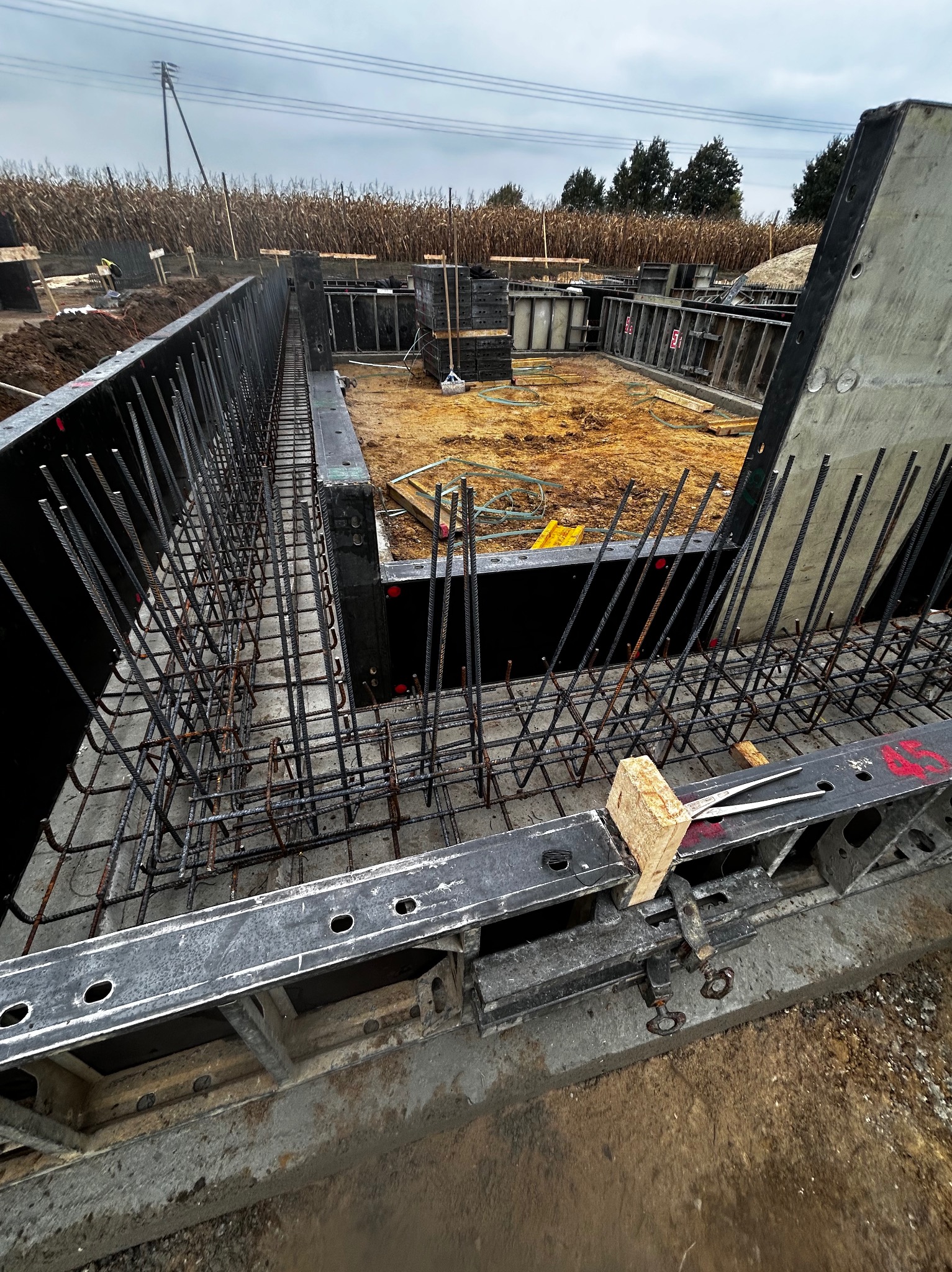 Zbrojenie fundamentów z użyciem szalunków systemowych, widok z góry na wykop z wystającymi prętami zbrojeniowymi. W tle pole kukurydzy i pochmurne niebo.