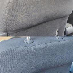 CZYSTO TU Cezary Spiżewski - Zdjęcie 'przed i po' czyszczenia zagłówka samochodowego. Górna część jest wyraźnie brudna, dolna czysta, ukazując efekt prania tapicerki samochodowej.