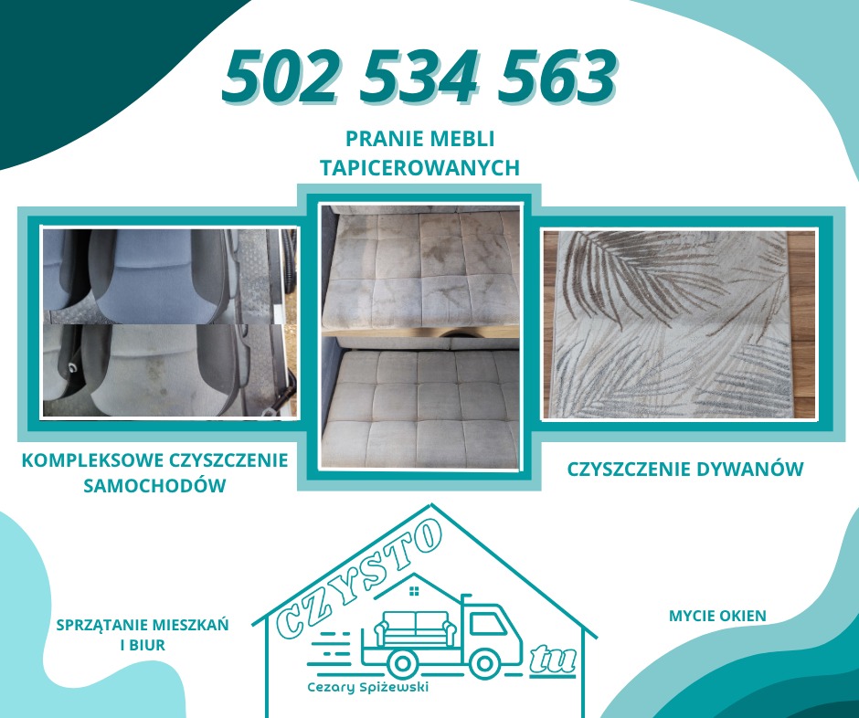 Kompozycja zdjęć: czyszczenie tapicerki samochodowej, kanapy i dywanu. Widoczne zabrudzenia przed i po czyszczeniu. Reklama usług z numerem telefonu.