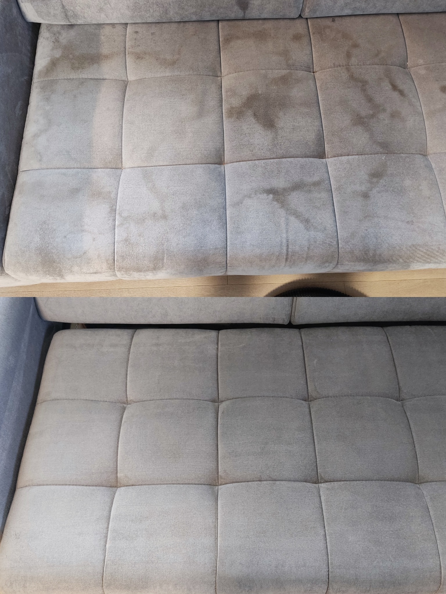 Tapicerka kanapy przed i po czyszczeniu. Widoczne plamy i zabrudzenia na górnej części, dolna część czysta, jaśniejsza. Efekt prania tapicerki.