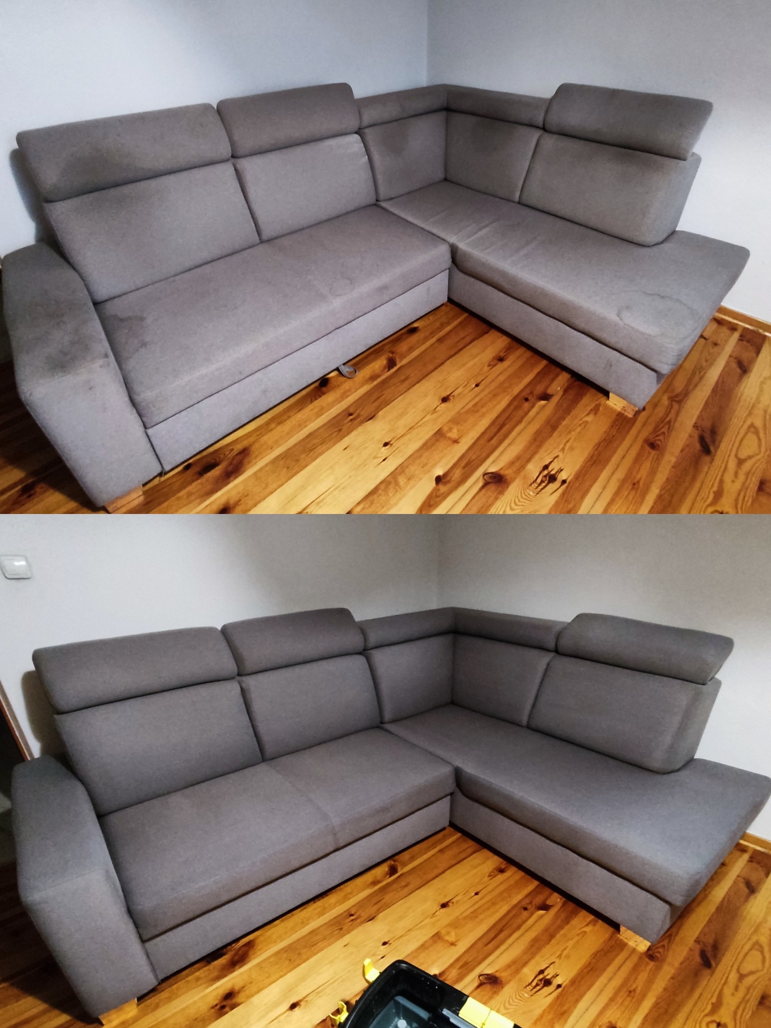 Zdjęcie narożnika tapicerowanego w odcieniach szarości, prezentujące efekt czyszczenia: góra - przed, dół - po. Widoczne różnice w czystości tapicerki i odświeżony wygląd.