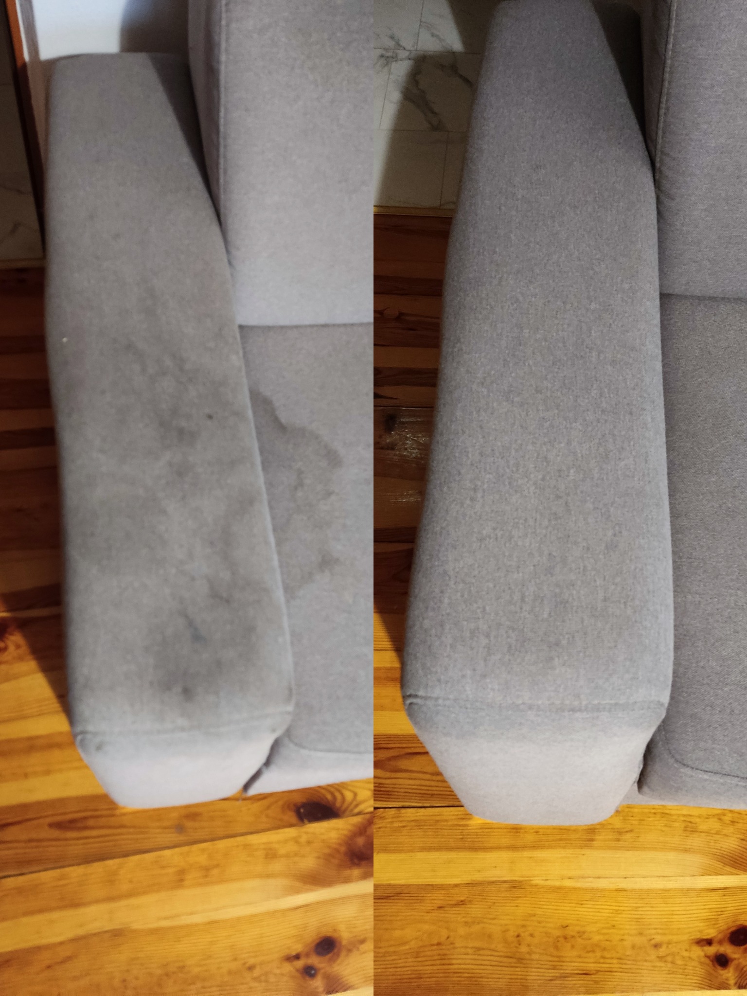 Szary fotel z widoczną różnicą w czystości tapicerki: lewy bok przed czyszczeniem, z plamami, prawy bok po czyszczeniu, czysty. Efekt usługi na drewnianej podłodze.