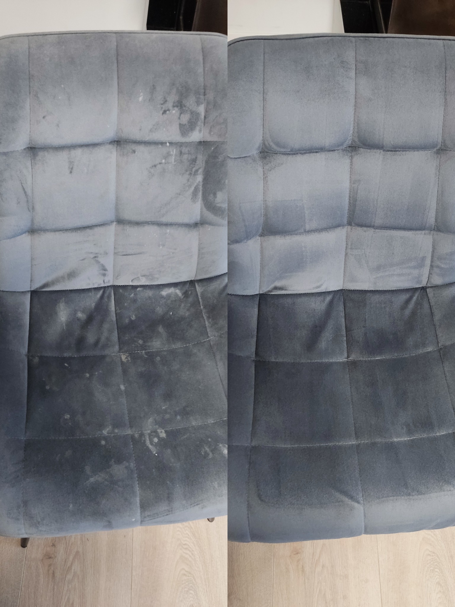 Tapicerowane krzesło w odcieniach szarości, podzielone na dwie części: lewa strona z widocznymi plamami i zabrudzeniami, prawa strona po czyszczeniu, ukazująca odświeżony wygląd.