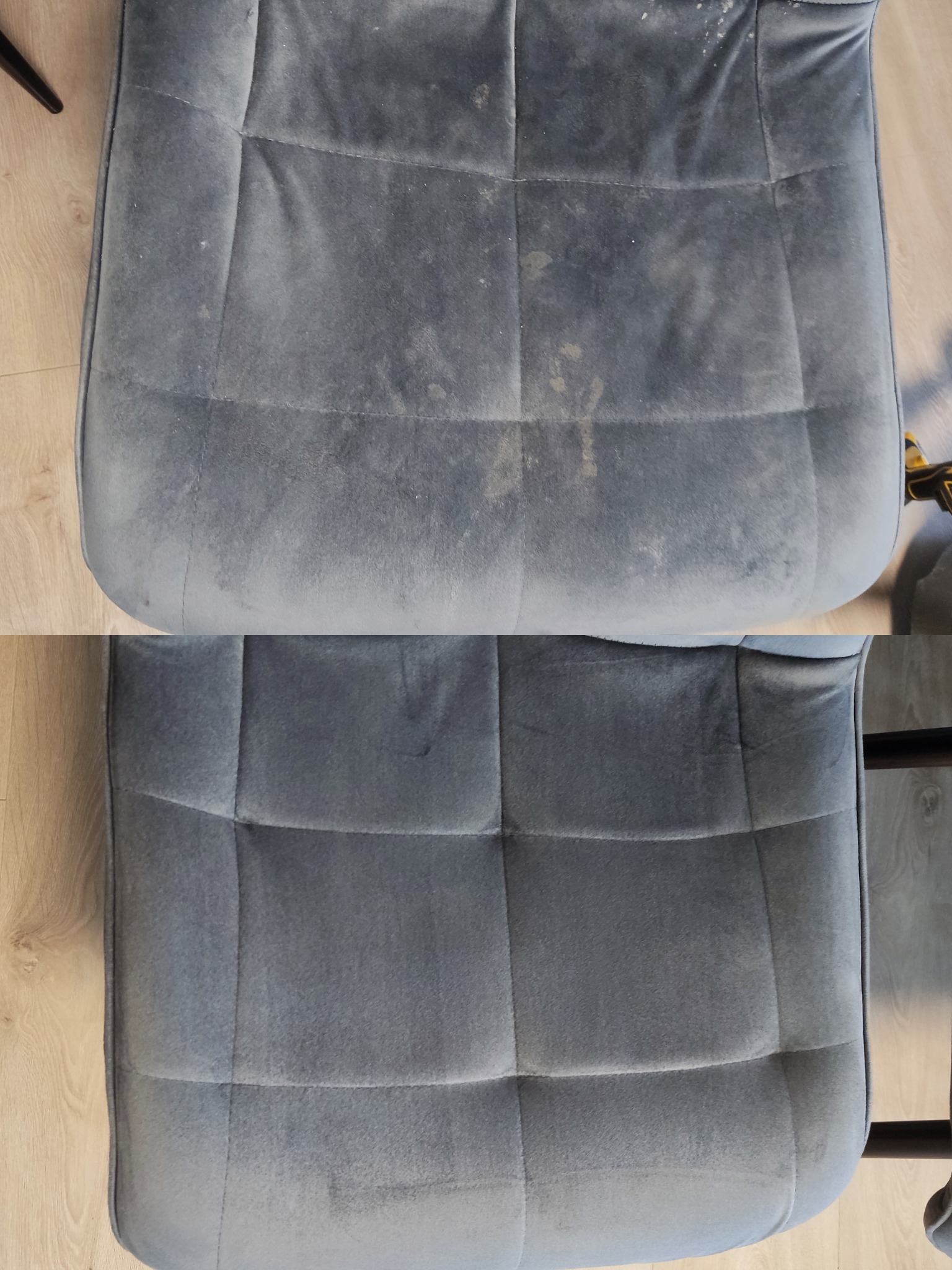 Kadr z góry na szary, welurowy fotel. Górna część z widocznymi plamami, dolna po czyszczeniu, bez zabrudzeń. Efekt przed i po.