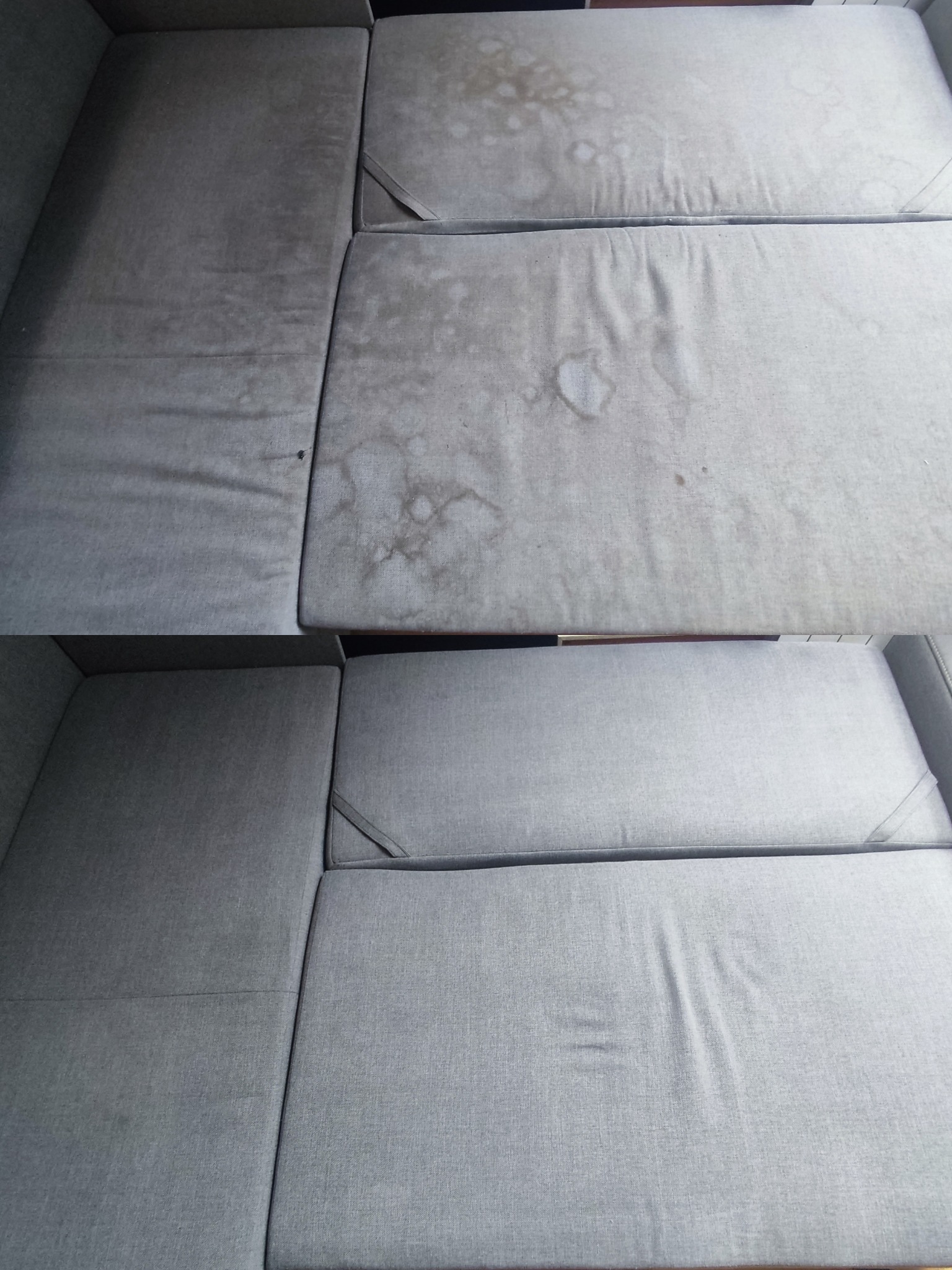 Szara kanapa modułowa przed i po czyszczeniu, widoczne plamy usunięte, jaśniejsza tapicerka, ujęcie z góry.