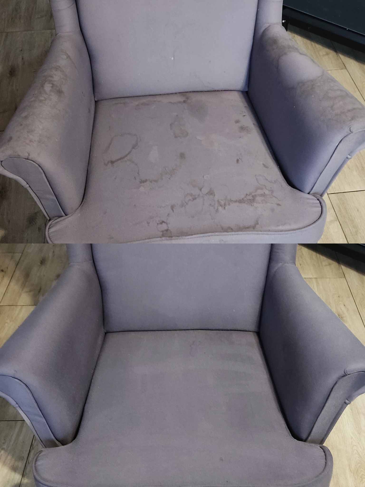 Fotel tapicerowany w odcieniach szarości, ujęcie przed i po czyszczeniu. Widoczne plamy i zabrudzenia na górnej połowie, dolna część prezentuje efekt po zabiegu.