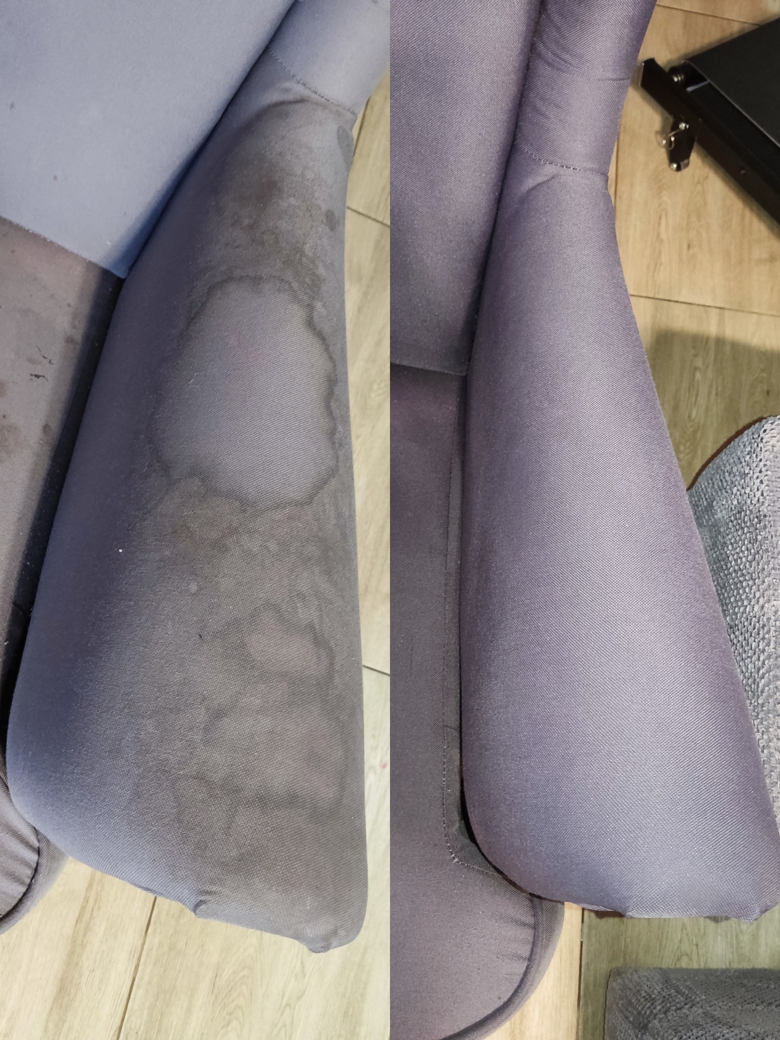 Fotel tapicerowany przed i po czyszczeniu. Po lewej widoczne plamy, po prawej czysta, szara tapicerka. Efekt prania tapicerki meblowej.