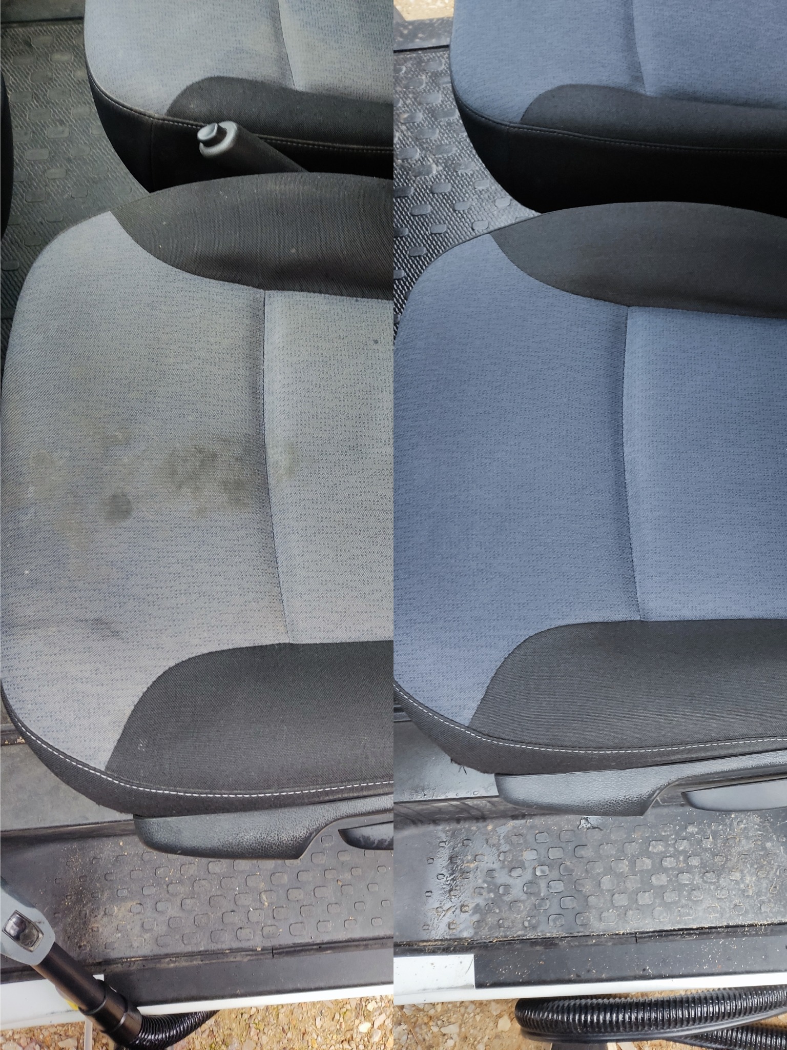 Tapicerka fotela samochodowego w ujęciu 'przed i po' czyszczeniu. Po lewej widoczne zabrudzenia, po prawej czysta, odświeżona powierzchnia. Widoczny fragment odkurzacza.