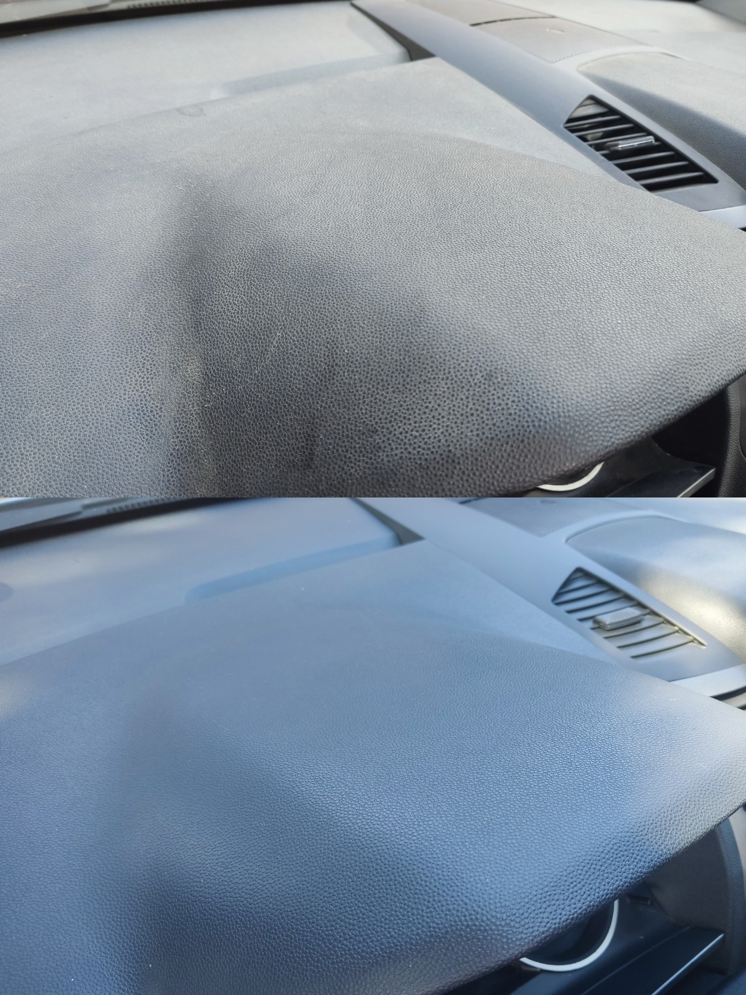 Deska rozdzielcza auta: widok przed (szara, zakurzona) i po czyszczeniu (czysta, ciemniejsza). Porównanie efektu detailingu wnętrza samochodu.