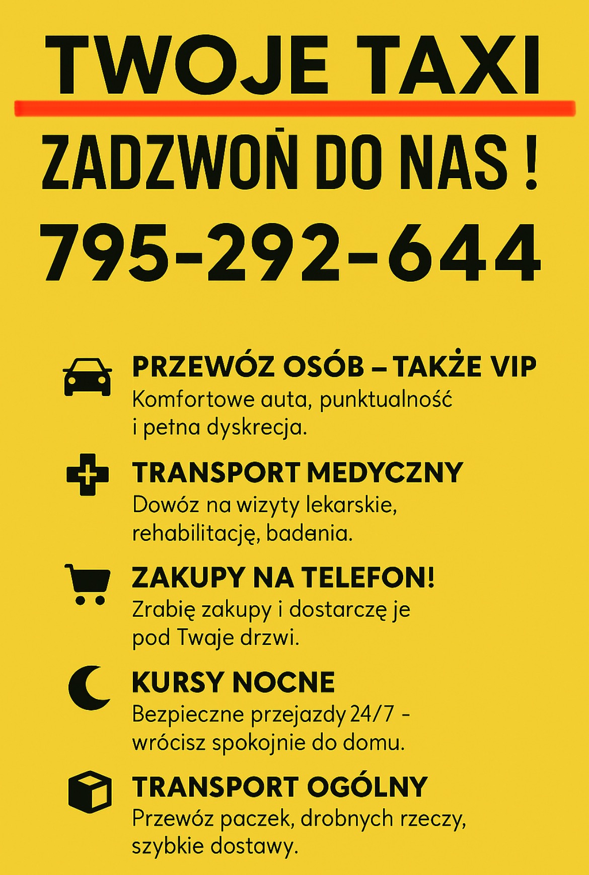 Żółty baner reklamowy z czarnym tekstem 'Twoje Taxi' i numerem telefonu. Oferta obejmuje przewóz osób VIP, transport medyczny, zakupy na telefon i kursy nocne.