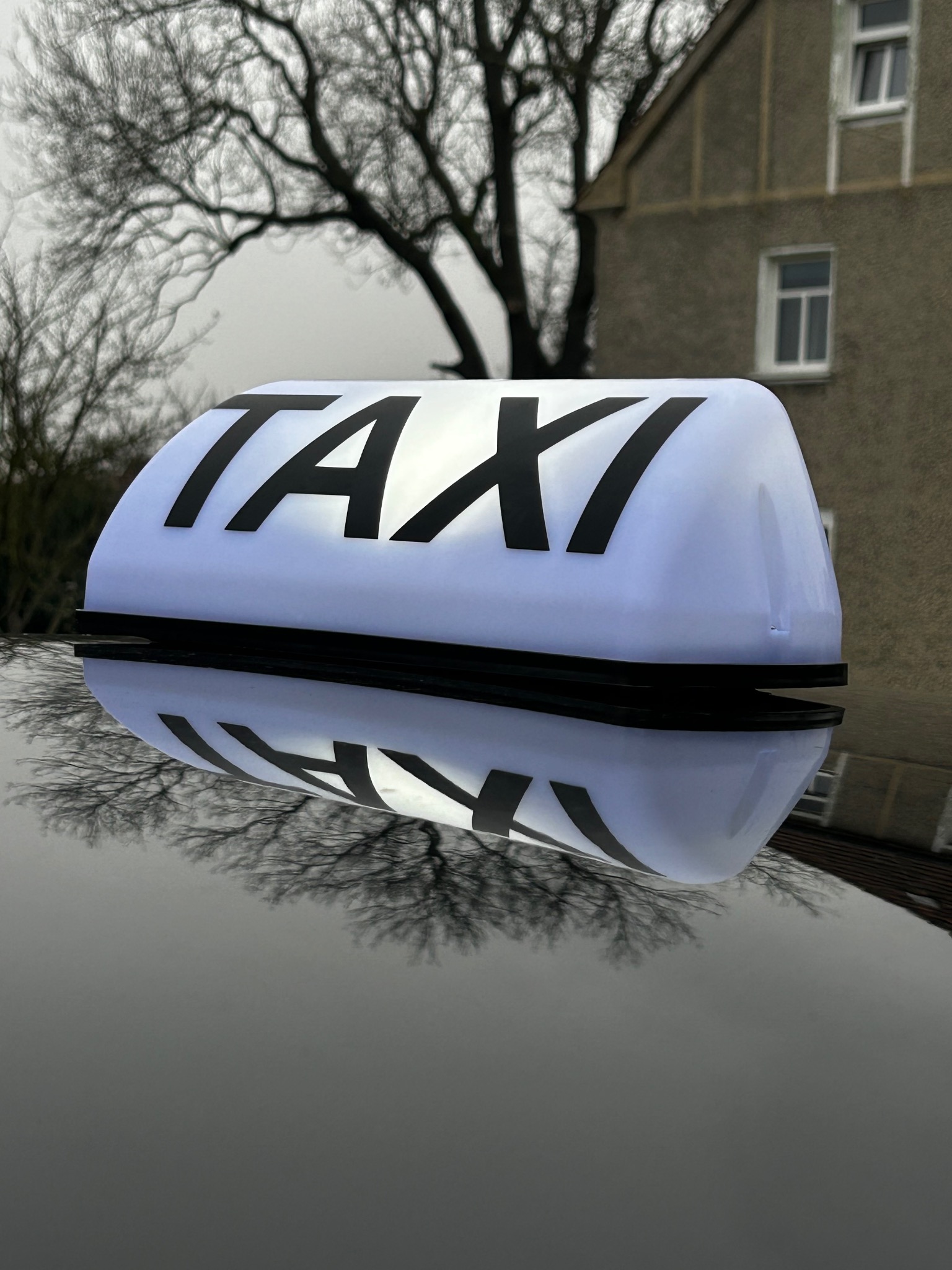 Podświetlany szyld TAXI na dachu czarnego samochodu, odbijający się w lakierze. W tle budynek i drzewo bez liści, pochmurna pogoda.