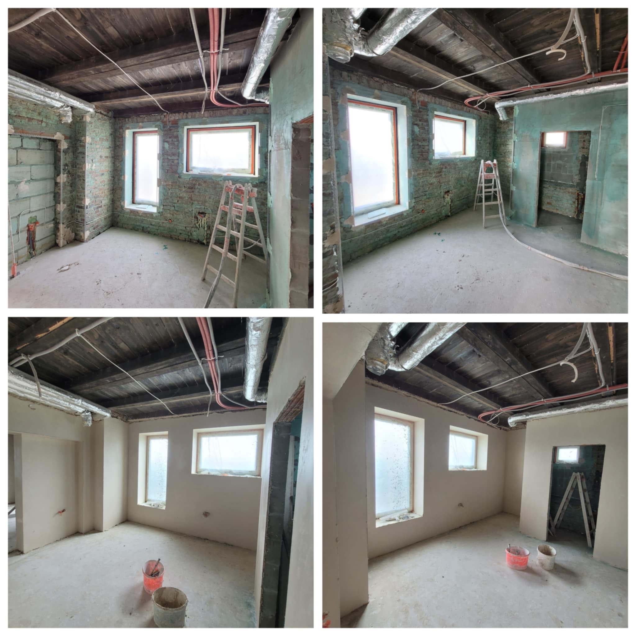 Czteropanelowe ujęcie wnętrza w trakcie remontu: od surowych ścian z instalacjami po gładkie, przygotowane do malowania. Widoczne okna, drabina i wiaderka.