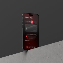 Jedenastka Studio - Ekran smartfona z interfejsem aplikacji edukacyjnej, wyświetlający kalendarz, oceny i brak wiadomości, umieszczony na szarej, betonowej powierzchni pod kątem.