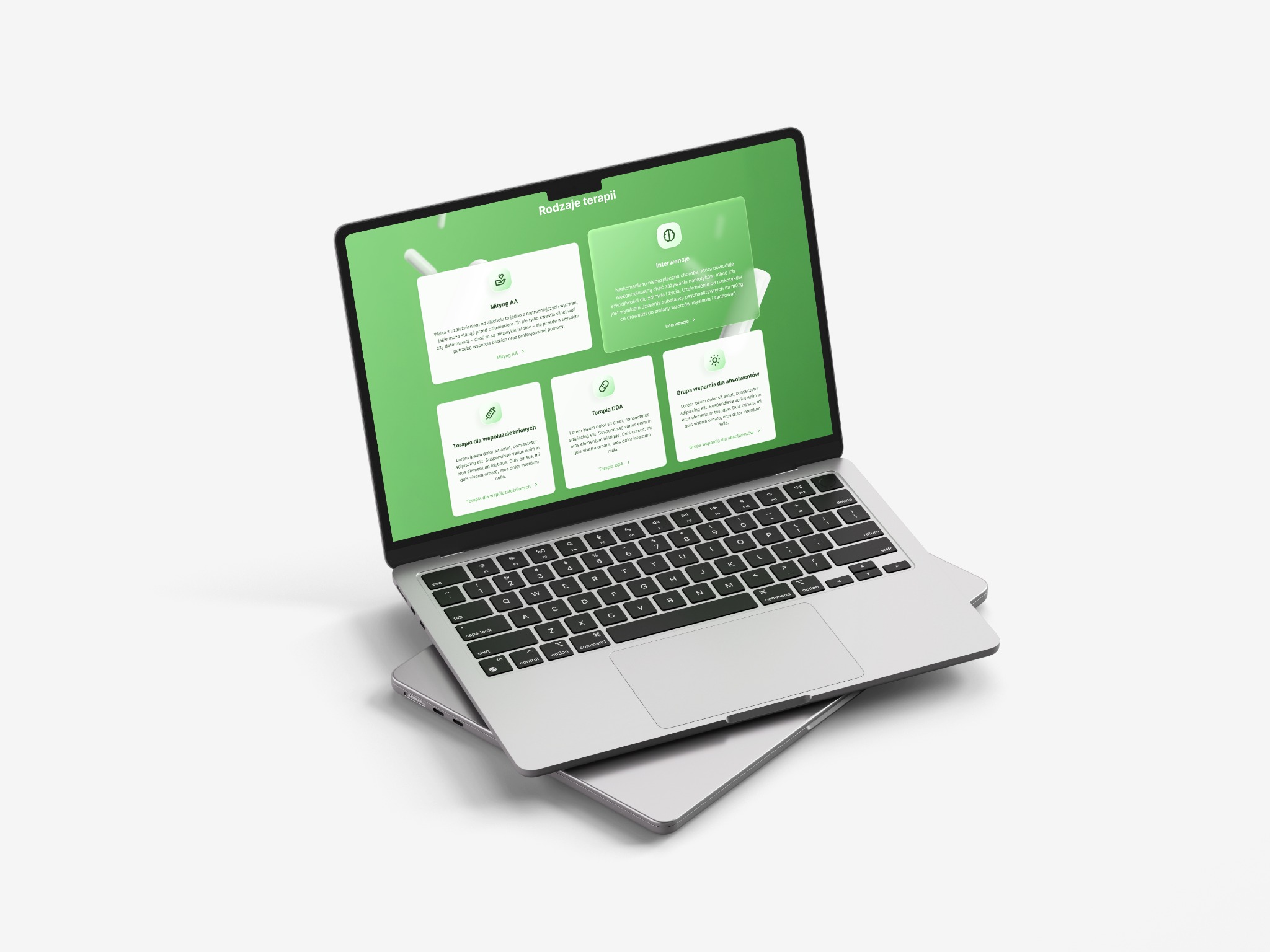 Laptop z zielonym ekranem prezentującym interfejs strony o rodzajach terapii, z minimalistycznym designem i czytelną typografią, na białym tle. Układ kaskadowy dwóch laptopów.