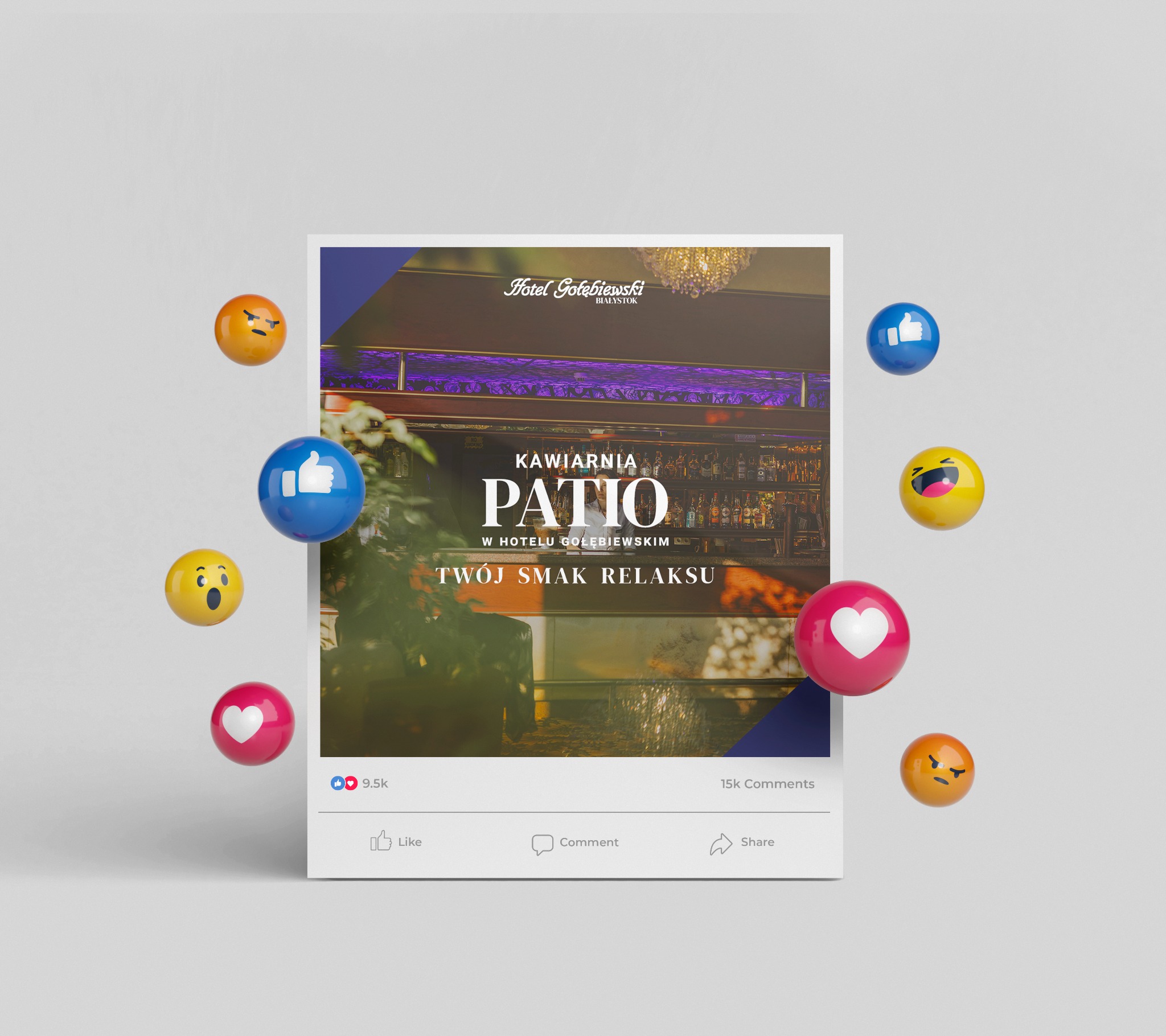 Grafika 3D prezentująca post z Facebooka kawiarni Patio w Hotelu Gołębiewskim, otoczony emotikonami. Post reklamuje relaks w kawiarni.