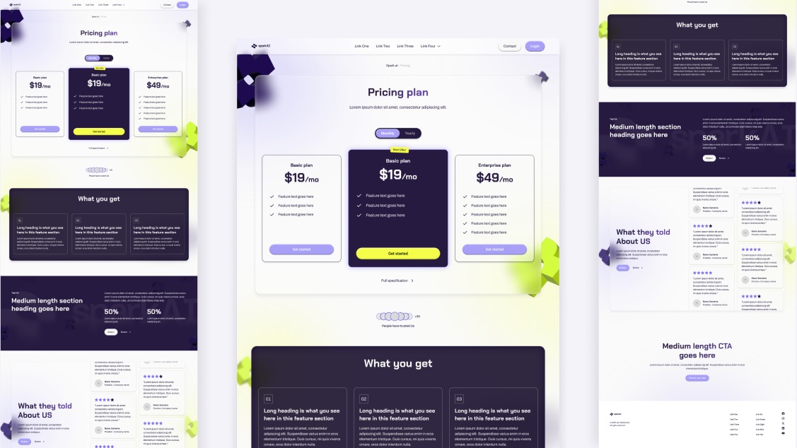 Projekt strony internetowej z planami cenowymi i sekcjami 'Co otrzymujesz' oraz 'Opinie'. Nowoczesny design z gradientami fioletu i zieleni. Układ responsywny.