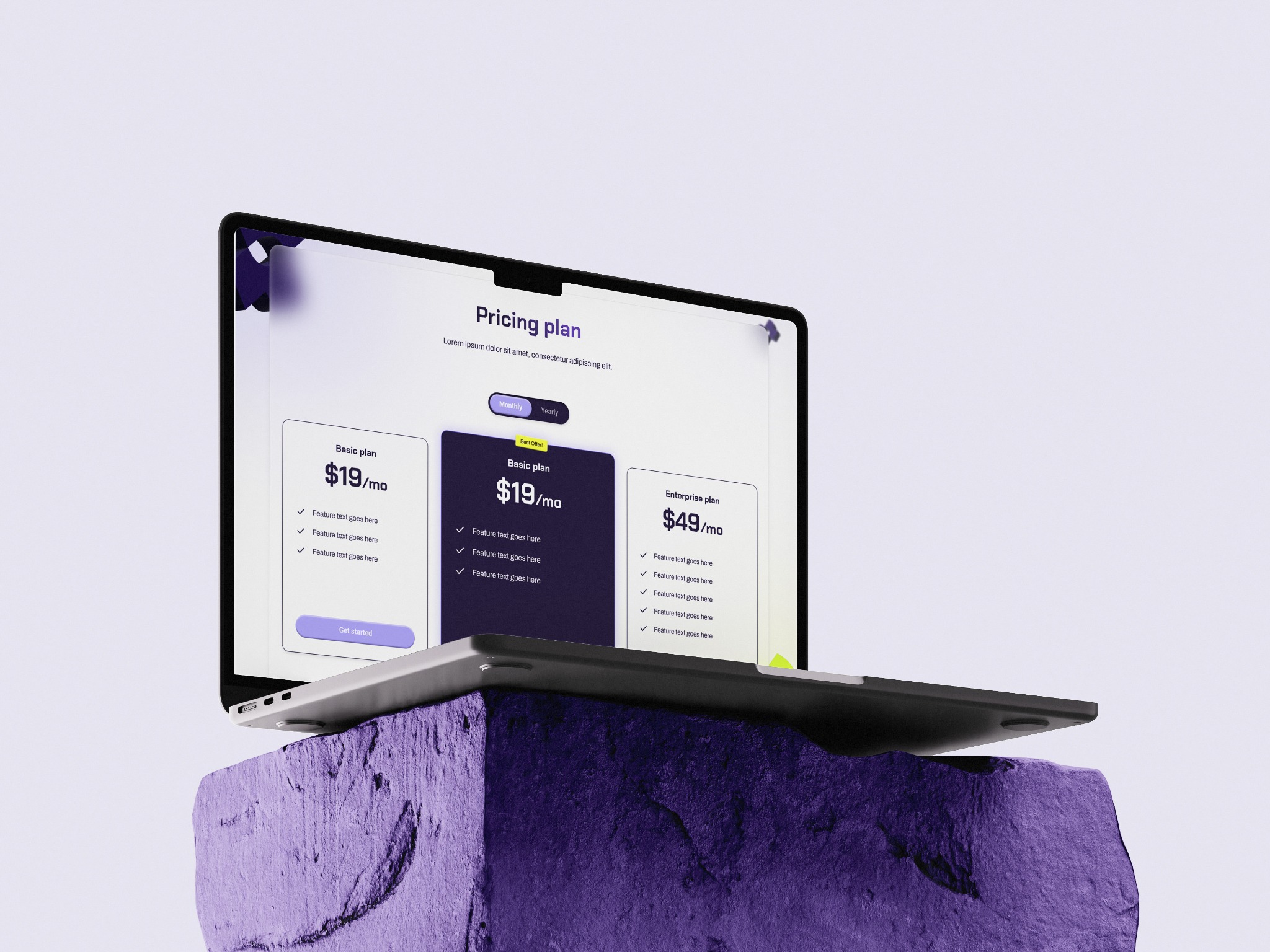 Laptop prezentuje plan cenowy z trzema opcjami: Basic, Basic (Best Offer) i Enterprise, umieszczony na fioletowej skale. Minimalistyczny design, nowoczesna typografia.