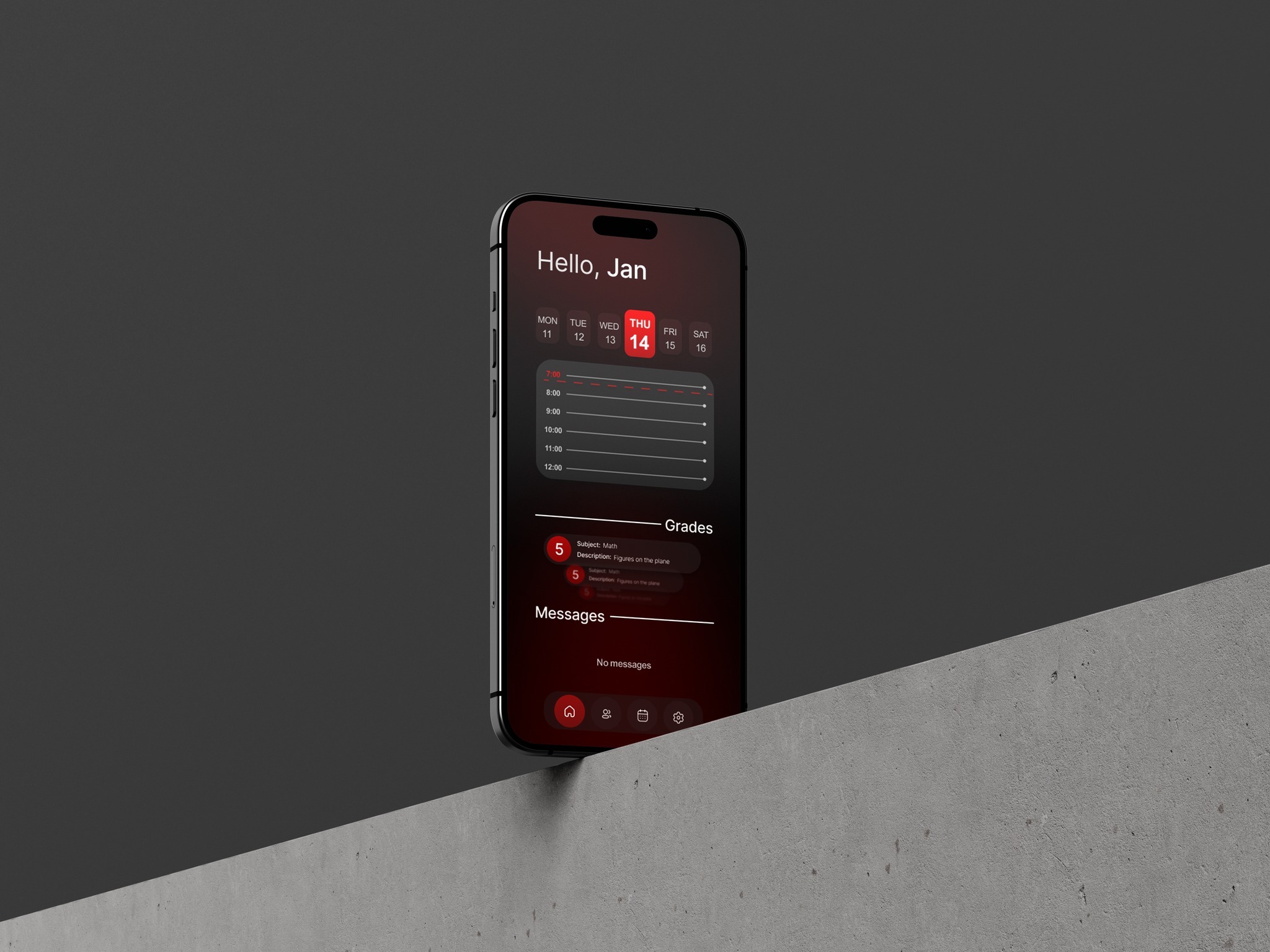 Ekran smartfona z interfejsem aplikacji edukacyjnej, wyświetlający kalendarz, oceny i brak wiadomości, umieszczony na szarej, betonowej powierzchni pod kątem.